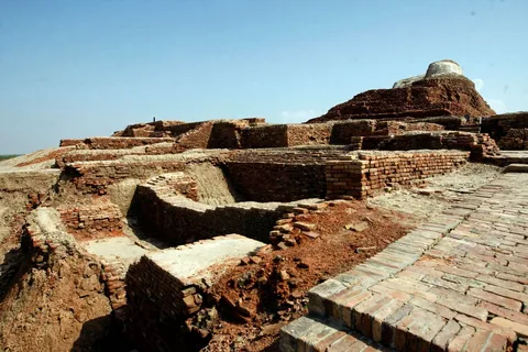 Aerial view of the ancient ruins of Mohenjo-Daro located in Sindh, Pakistan, showing the iconic structures of the Harappa Mohenjo-Daro Indus Valley Civilization