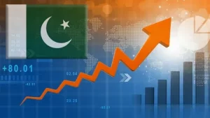Pakistani currency notes with a financial market chart illustrating concerns over Pakistan's managed exchange rate and its impact on exports and investment.