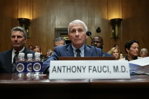 Anthony Fauci testifying before a Senate hearing after invoking the Fifth Amendment multiple times during questioning.