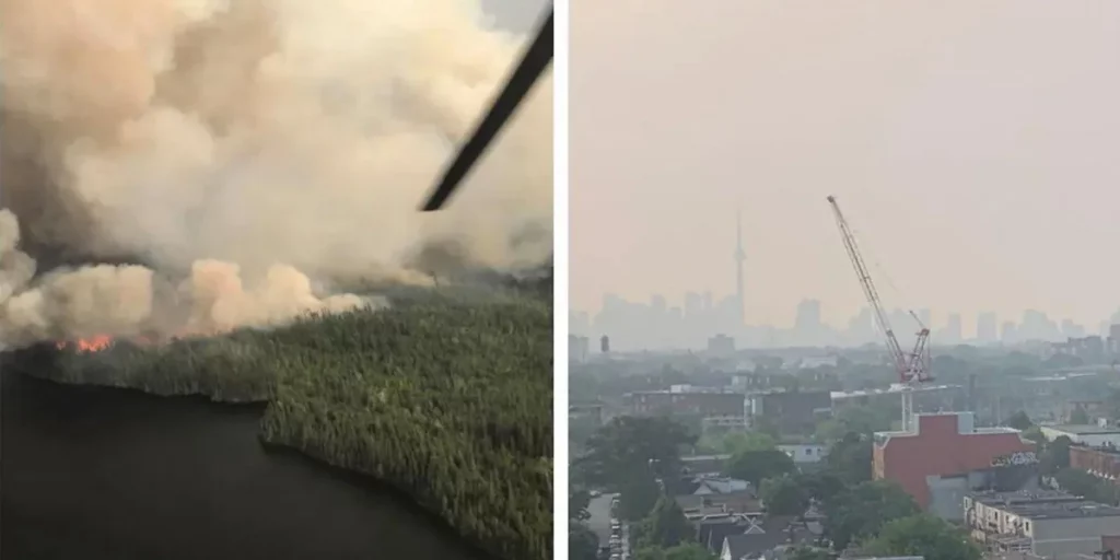 Orange haze over Toronto skyline caused by wildfire smoke from northwestern Ontario wildfires on July 15 2026 with CN Tower barely visible through thick smoke