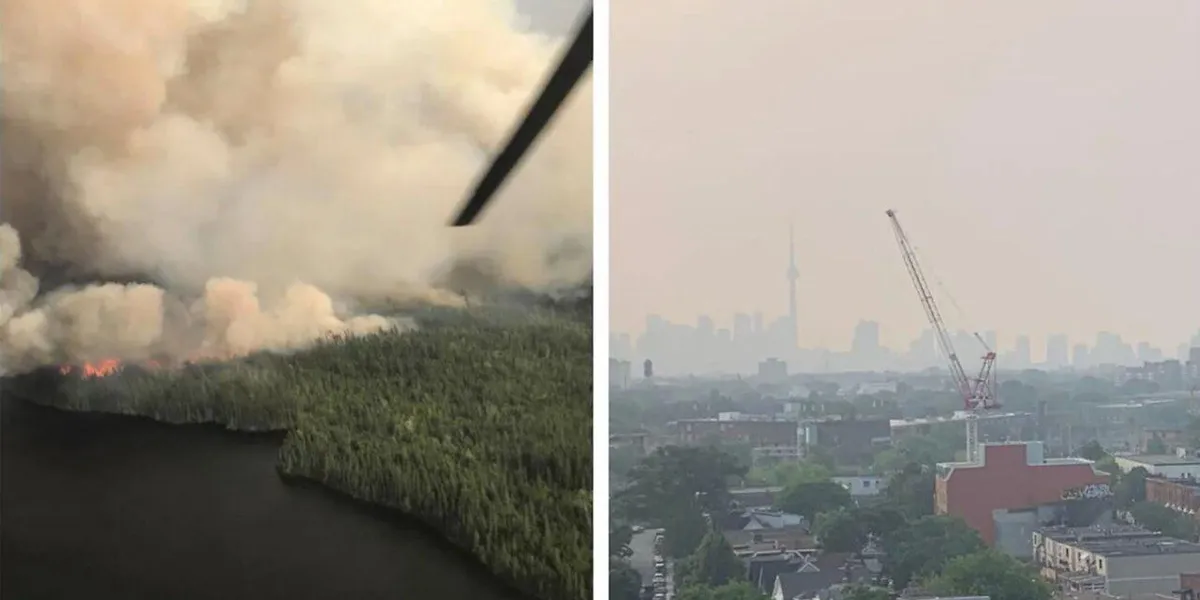 Orange haze over Toronto skyline caused by wildfire smoke from northwestern Ontario wildfires on July 15 2026 with CN Tower barely visible through thick smoke