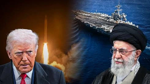 US and Iran flags with commercial ships transiting the Strait of Hormuz ahead of Oman negotiations on maritime security.