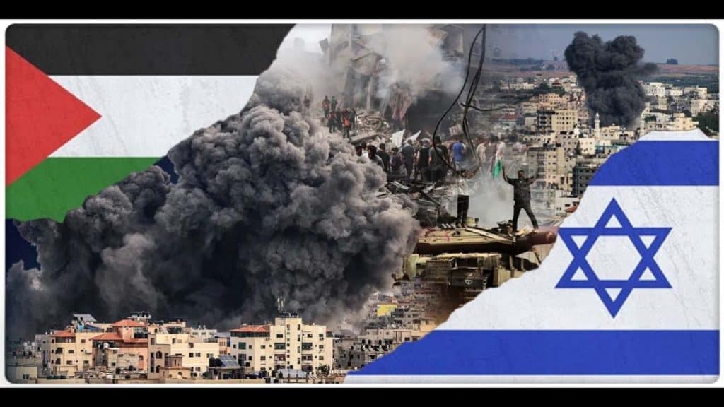 Palestinians in Gaza mourning near damaged buildings during the ongoing Israel-Palestine conflict in 2026