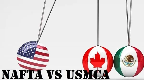 United States, Canada and Mexico flags beside cargo containers representing the USMCA trade agreement
