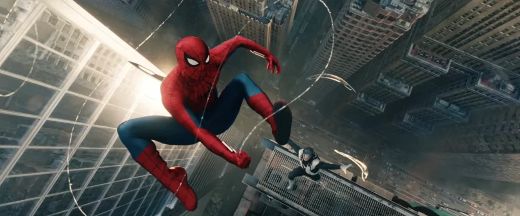 Spider-Man swinging through New York City skyline in Spider-Man: Brand New Day 2026 movie poster style image