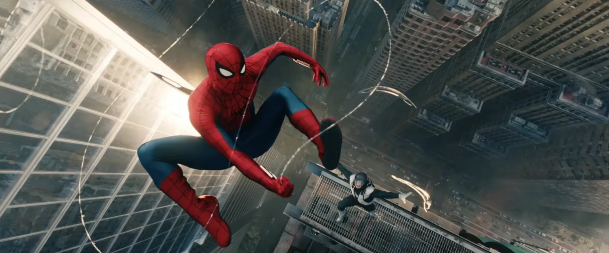 Spider-Man swinging through New York City skyline in Spider-Man: Brand New Day 2026 movie poster style image
