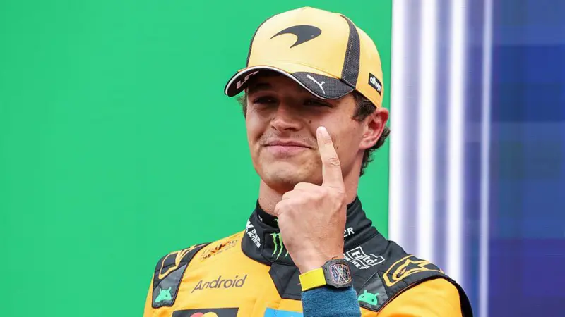 Lando Norris celebrates pole position after qualifying for the Dutch Grand Prix