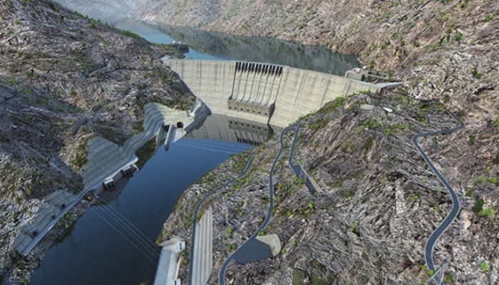 Diamer Bhasha Dam construction site on the Indus River in Gilgit-Baltistan showing dam structure and hydropower project machinery