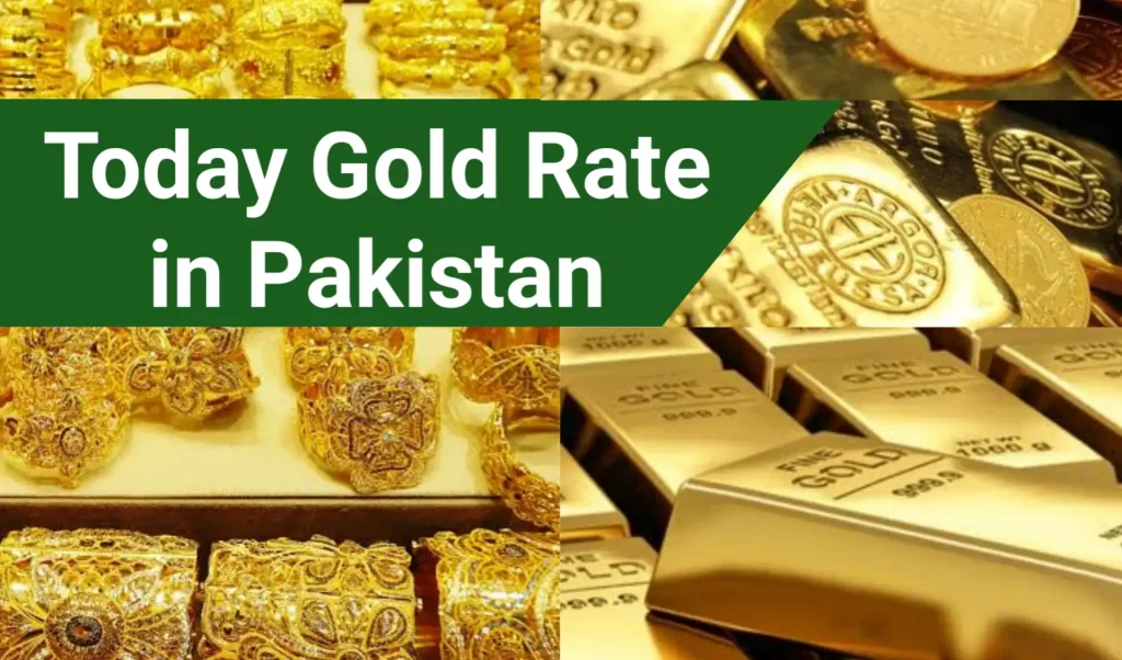 Gold bars and coins with Pakistani rupee notes representing today's gold price in Pakistan