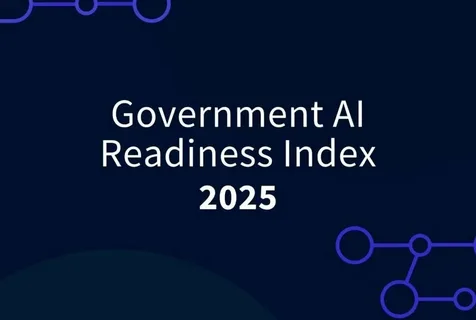 A world map showing color-coded Government AI Readiness Index 2025 scores by country, published by Oxford Insights