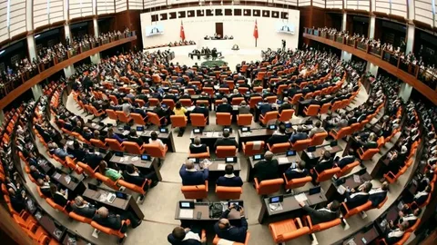 Aerial view of the Grand National Assembly of Turkey parliament building in Ankara showing the main chamber and surrounding grounds