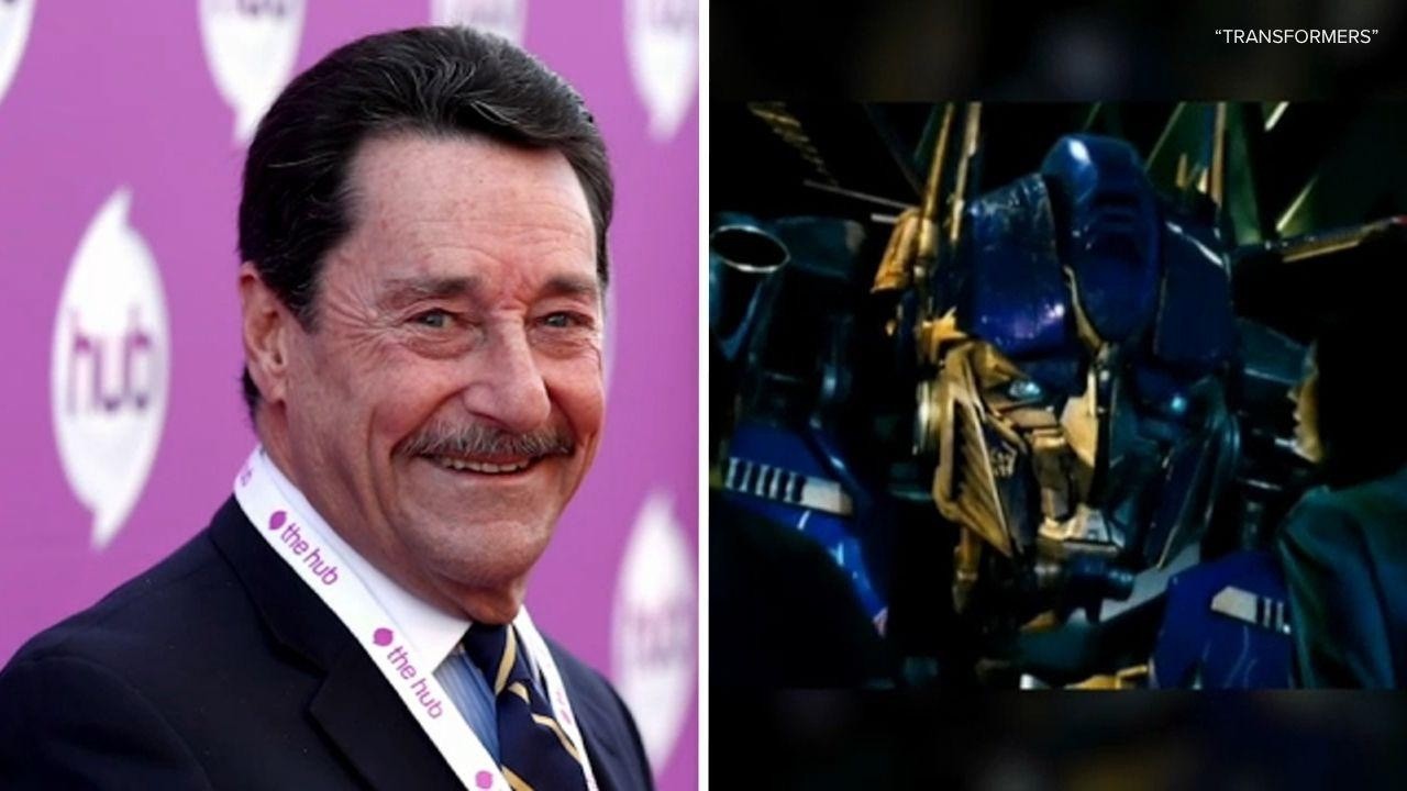 Peter Cullen portrait alongside Optimus Prime Transformers character