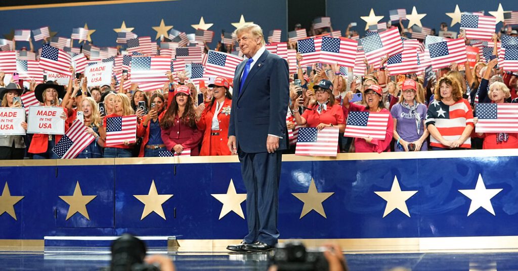 Donald Trump speaking at a podium during the Republican Party midterm convention in Dallas
