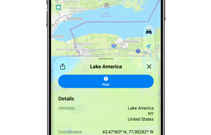 Apple Maps interface displaying Lake Ontario labeled as Lake America for US users