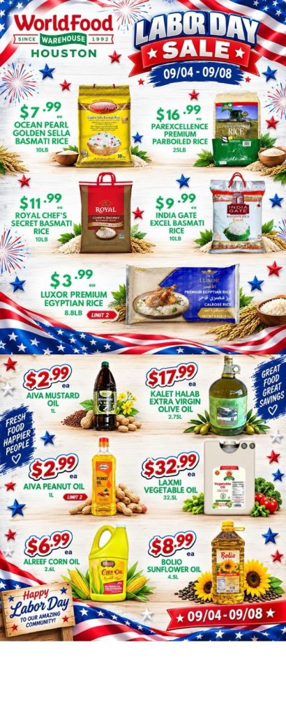WorldFood Warehouse Houston Labor Day Sale flyer showing basmati rice and cooking oil prices for September 4 to 8