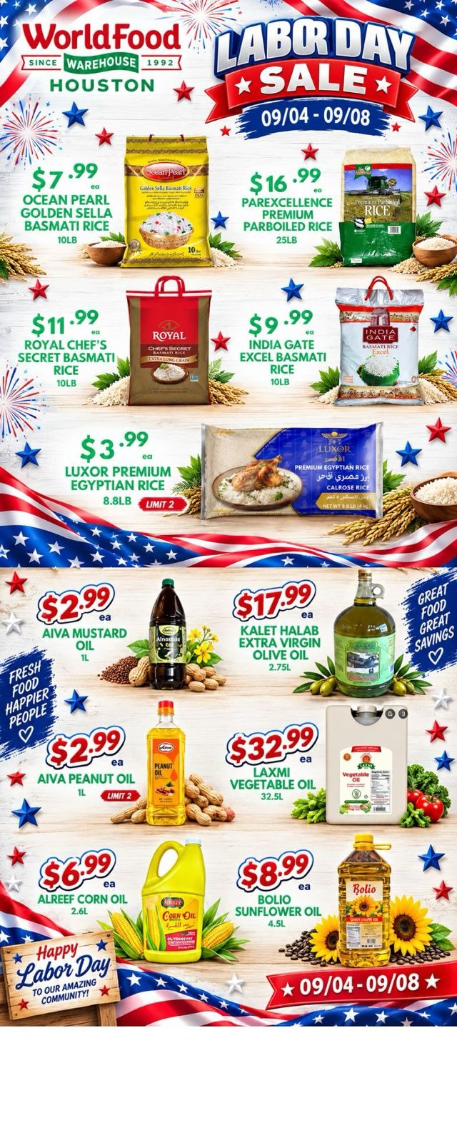 WorldFood Warehouse Houston Labor Day Sale flyer showing basmati rice and cooking oil prices for September 4 to 8
