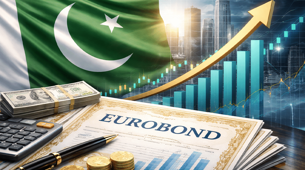 Pakistan flag beside a rising financial bond yield chart representing the Pakistan Eurobond rate in 2026