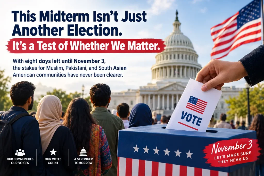 Diverse Muslim and South Asian American voters gathered outside a polling station ahead of the US midterm elections.