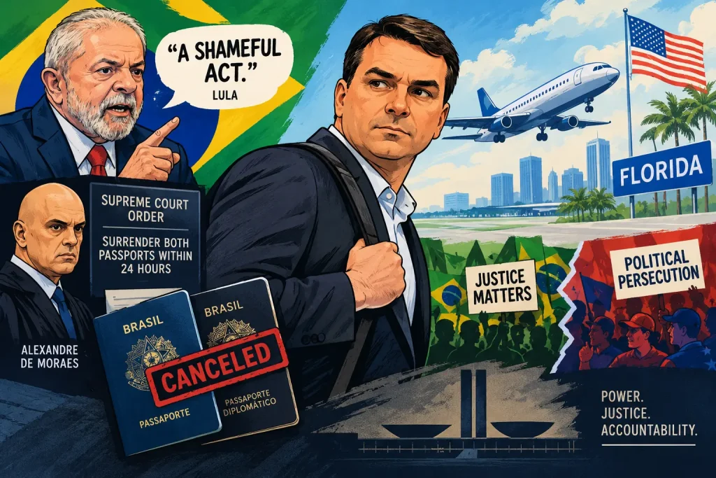 Flávio Bolsonaro faces political and legal scrutiny after losing Brazil’s 2026 presidential election and reports of his departure for the United States.