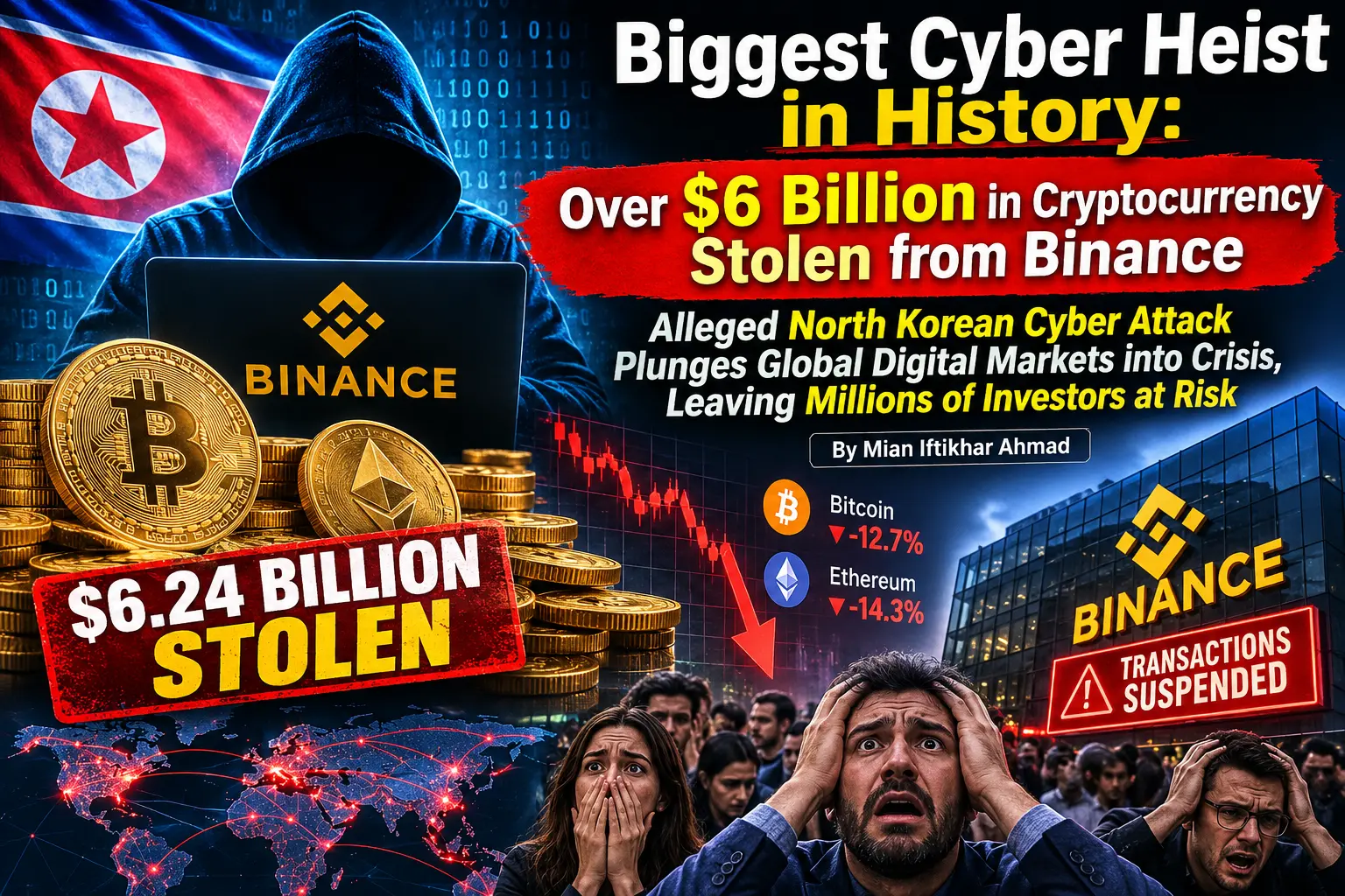 Digital illustration representing the reported $6.3 billion Binance cryptocurrency security breach and global cybersecurity concerns.