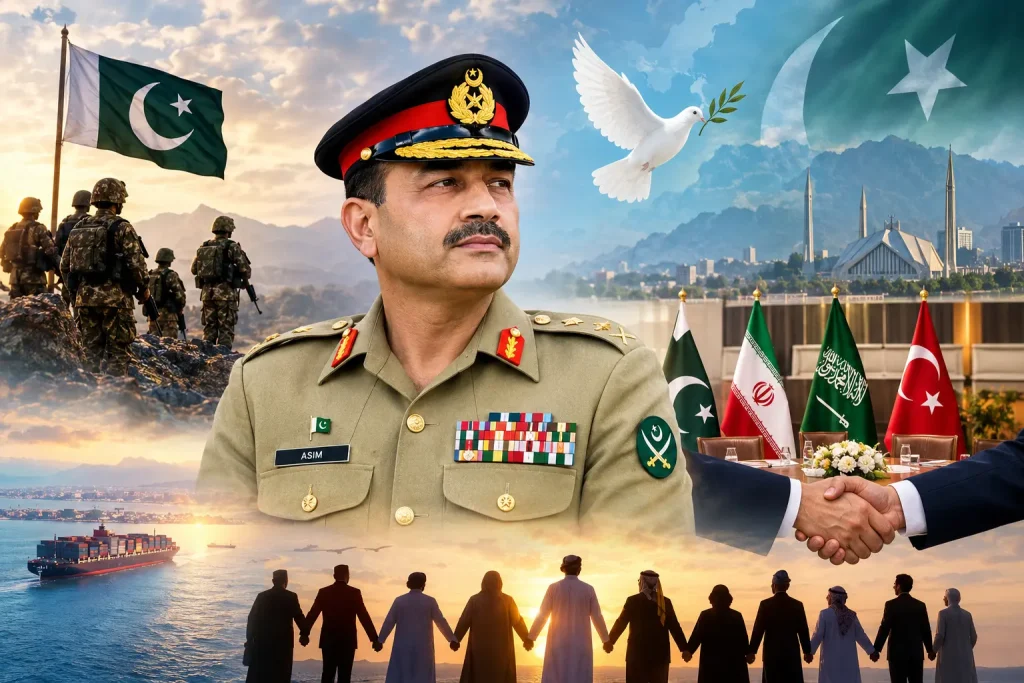ield Marshal Asim Munir in a diplomatic setting, symbolising Pakistan’s engagement in regional peace talks and Middle Eastern diplomacy.