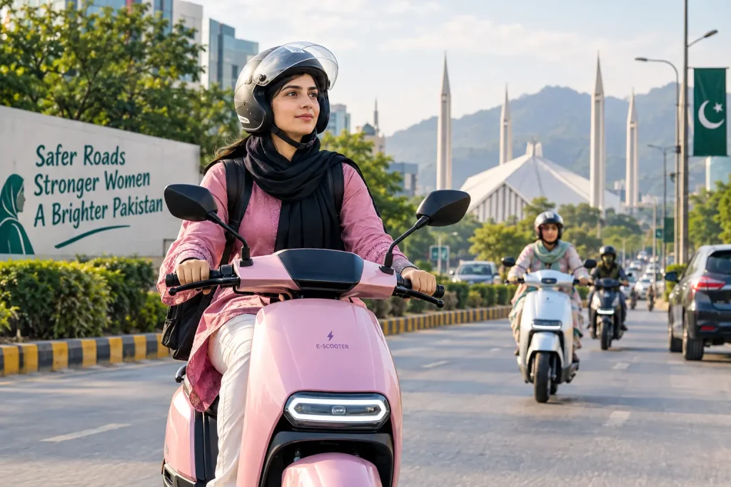 A Pakistani woman wearing a safety helmet riding an electric scooter on an urban road.