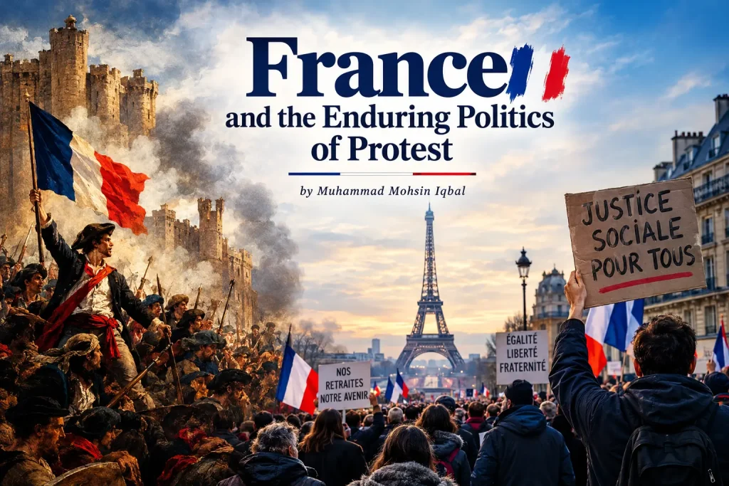 Demonstrators gather in Paris with French flags, reflecting France's long tradition of political protest.