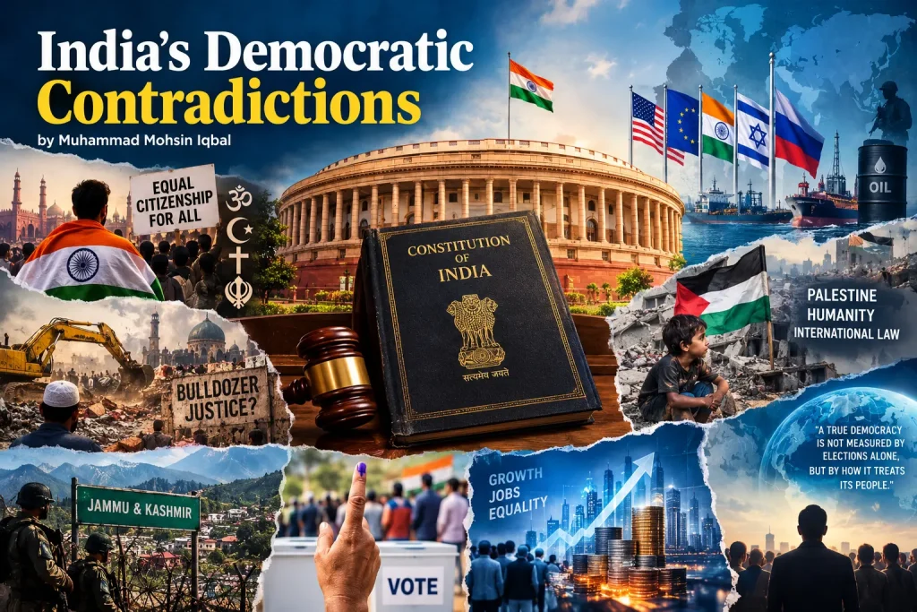 Indian Parliament building and national flag illustrating an opinion article on democracy and governance in India.