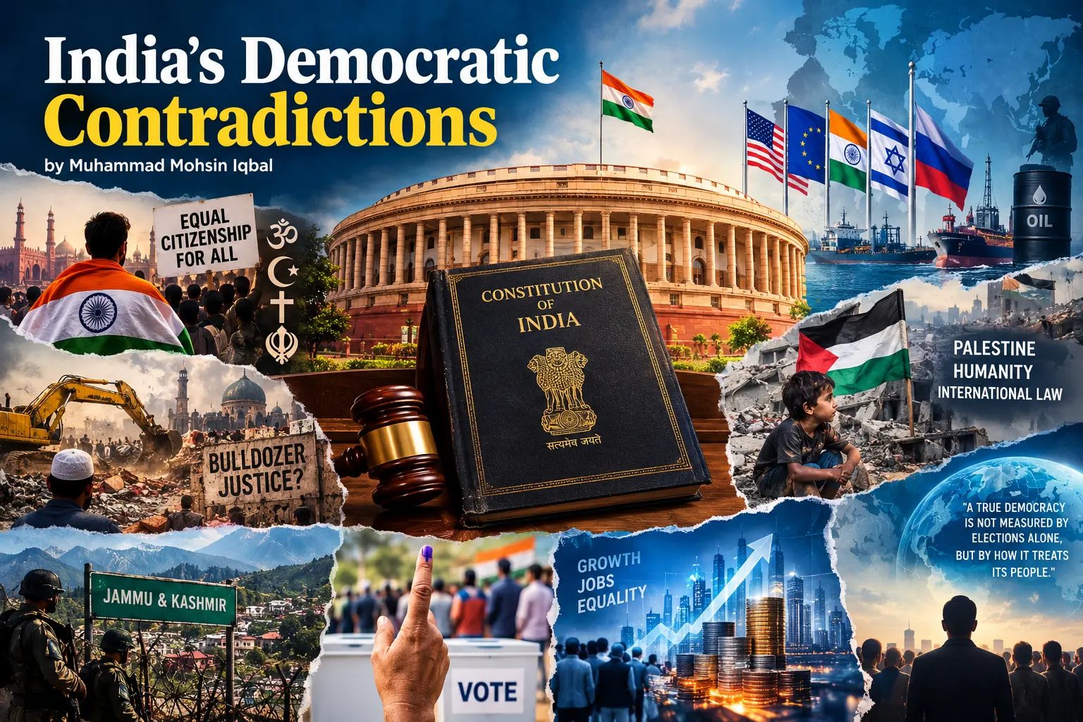 Indian Parliament building and national flag illustrating an opinion article on democracy and governance in India.