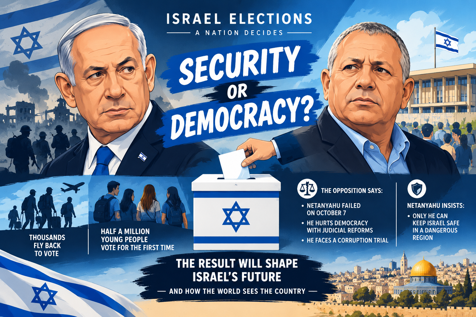 Israeli election campaign imagery representing the contest between Benjamin Netanyahu and Gadi Eisenkot in the October 2026 general election.