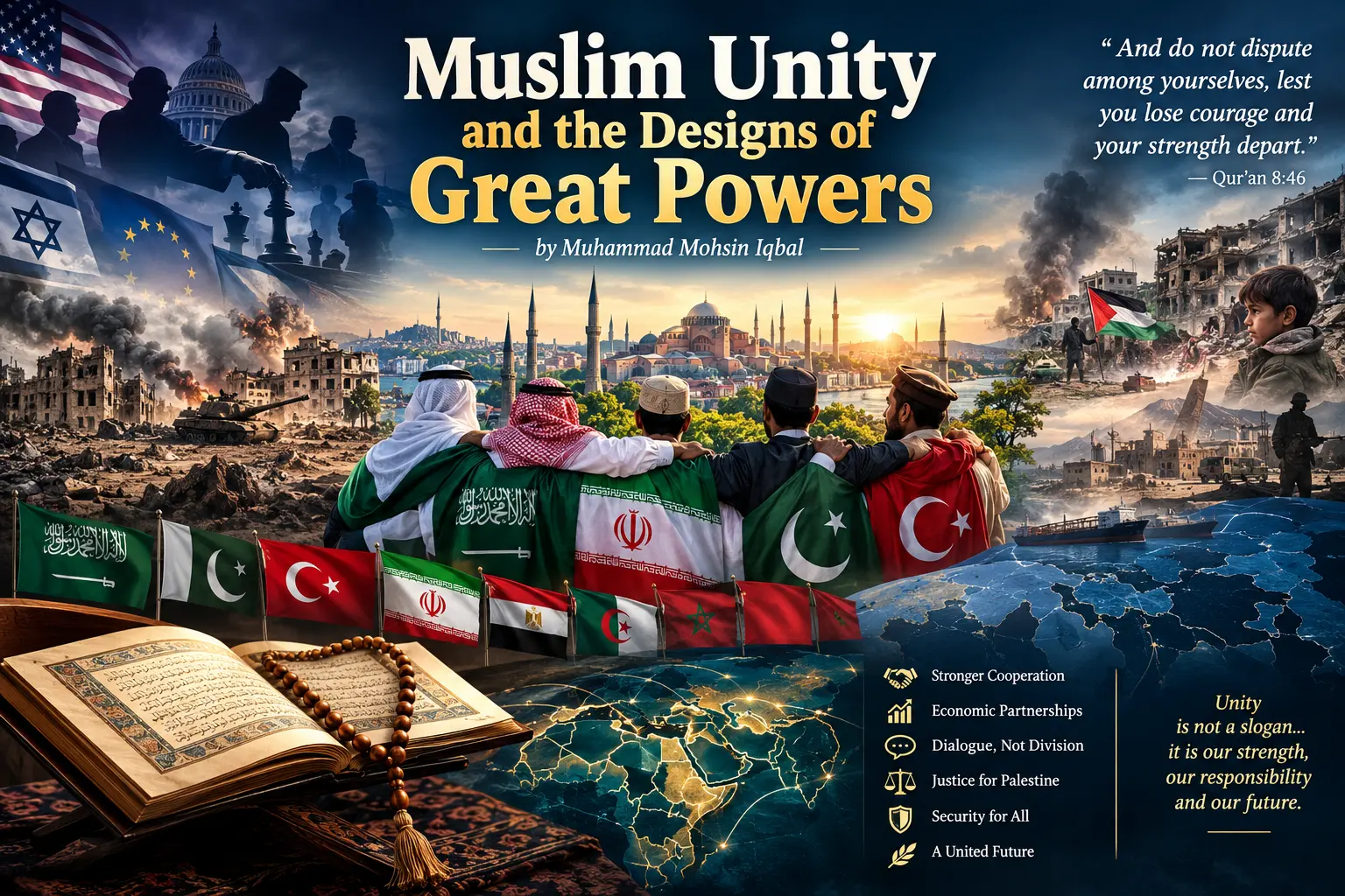 Symbolic illustration of Muslim unity, global power politics and cooperation among Muslim nations.
