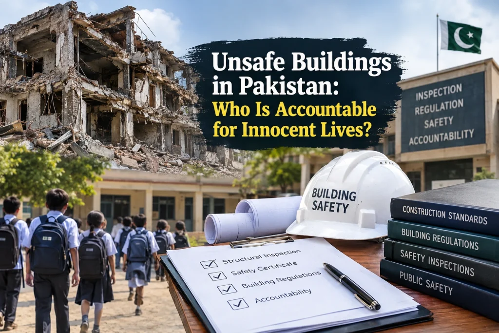 Dilapidated building illustrating concerns about structural safety and unsafe school buildings in Pakistan.