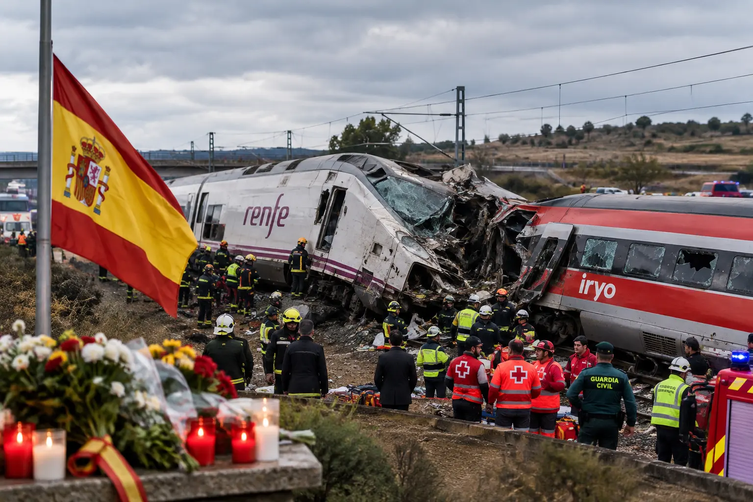 Emergency responders inspect the wreckage of a passenger train following a deadly railway collision in Spain.