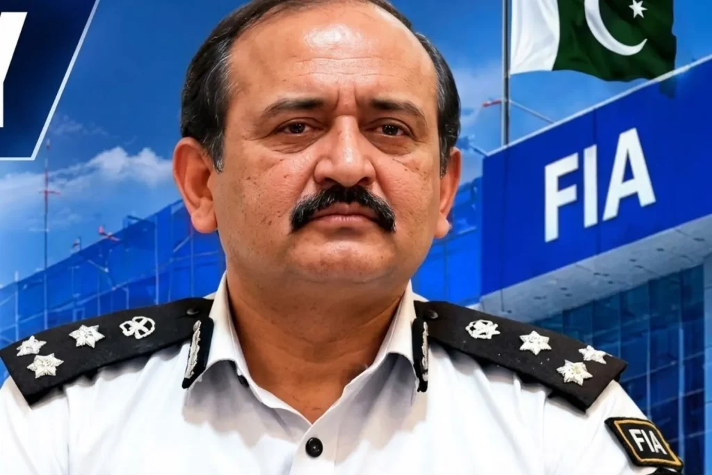 FIA pre-departure immigration facilitation desk assisting international travellers at Faisalabad Airport. Copy ALT Text