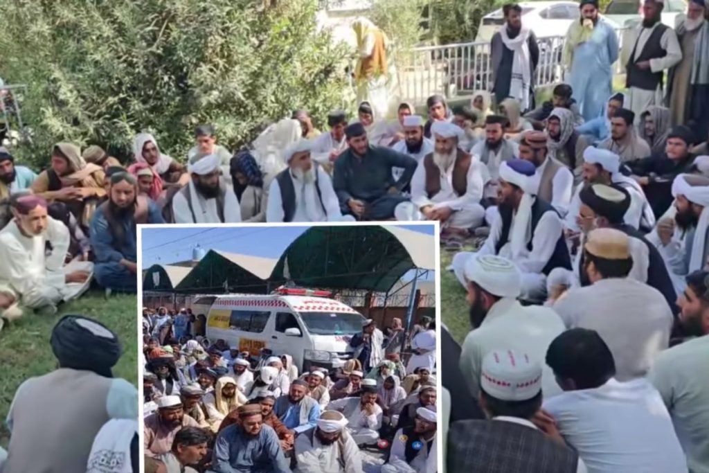 Protesters stage a sit-in in Chaman following the killing of JTI provincial leader Ehsanullah