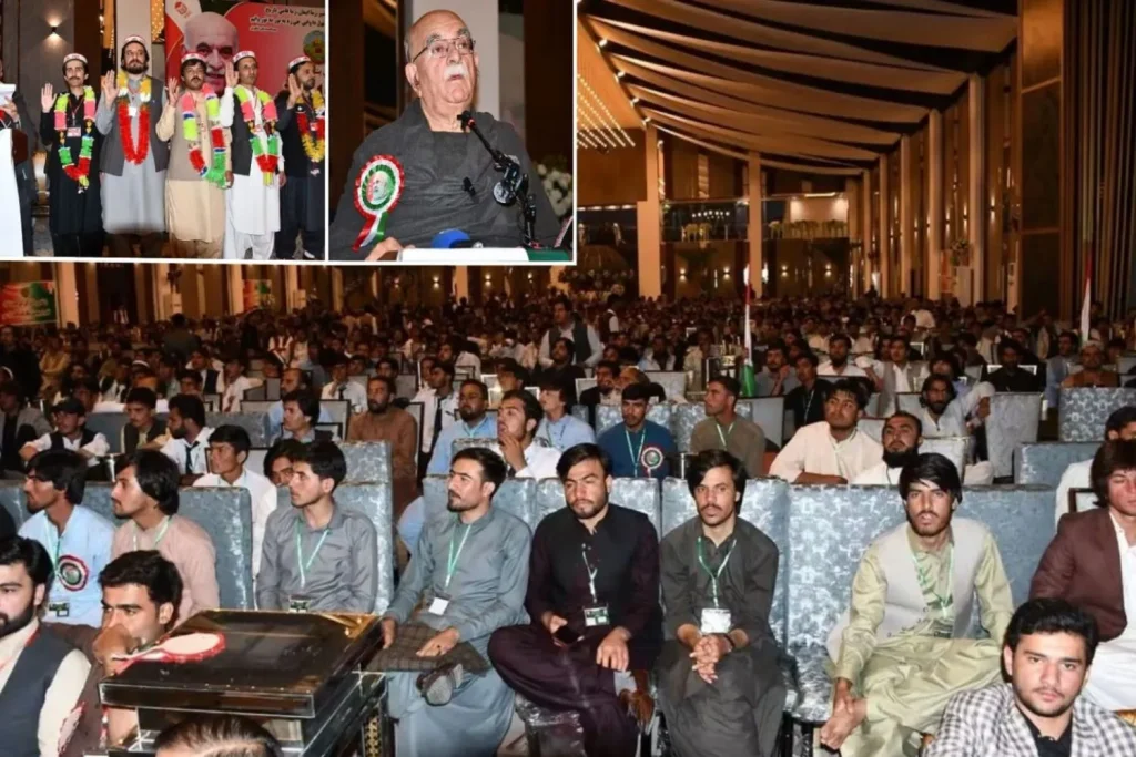 Mahmood Khan Achakzai addressing a political and student conference in Quetta.