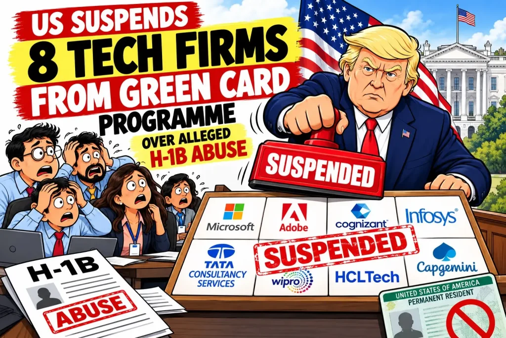 Illustration of U.S. immigration policy, H-1B work visas, Indian technology professionals and employment-based green cards.