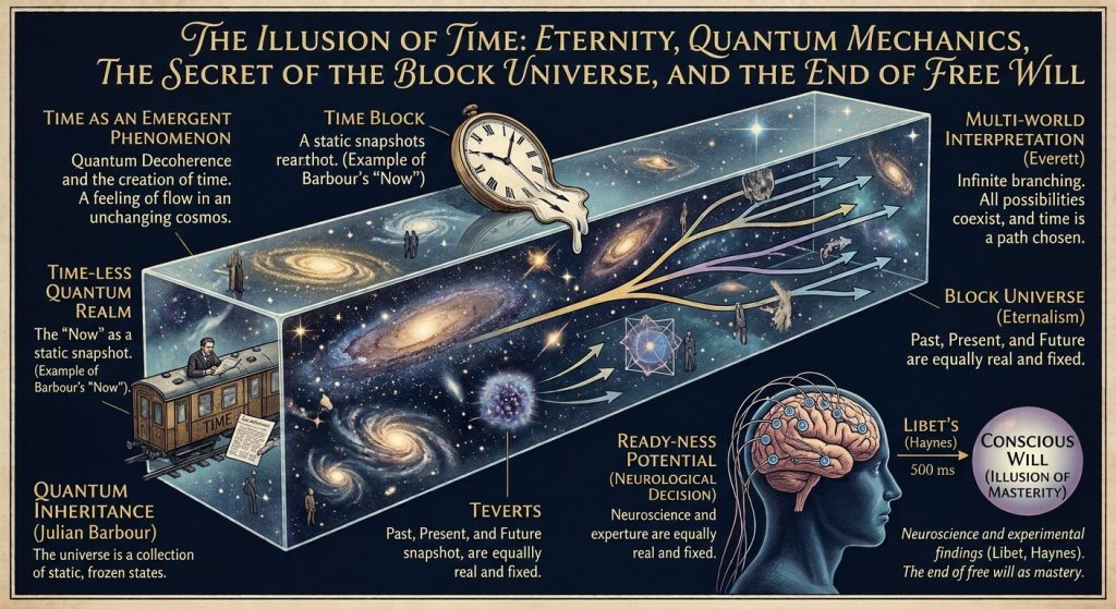 Conceptual illustration of spacetime, quantum particles and a human brain exploring the relationship between time, quantum mechanics and free will.