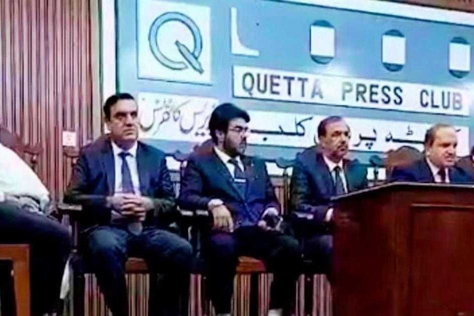 Jamiat Lawyers Forum Balochistan leaders address a press conference at Quetta Press Club