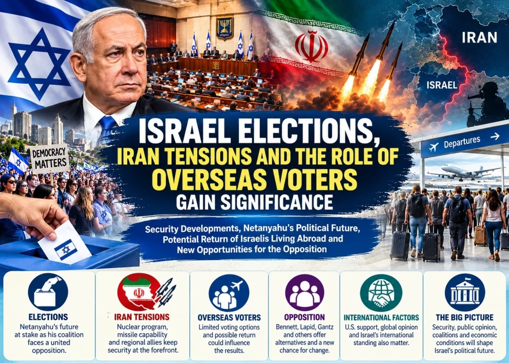 Symbolic representation of Israeli elections, regional tensions with Iran and the potential role of overseas Israeli voters.