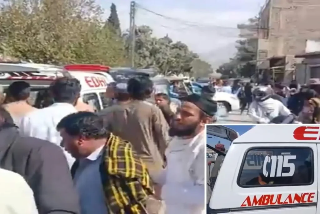 Police and emergency response at a road in Quetta following a deadly firing incident.