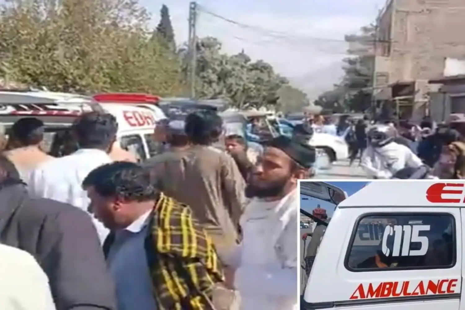 Police and emergency response at a road in Quetta following a deadly firing incident.
