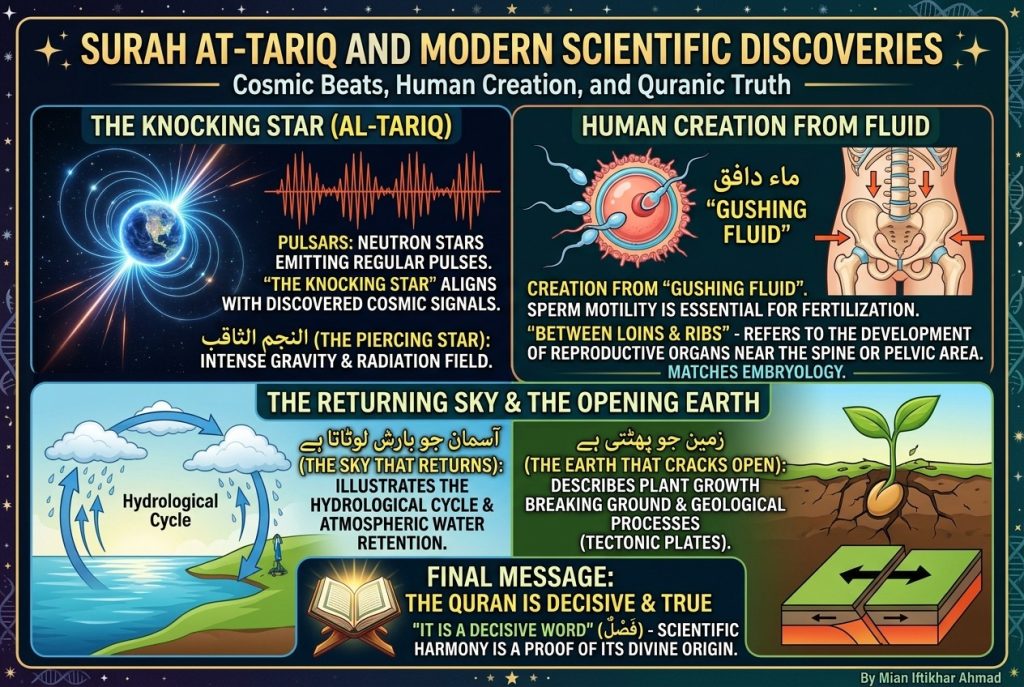 An open Quran beneath a star-filled cosmic sky illustrating an article about Surah At-Tariq and modern science.