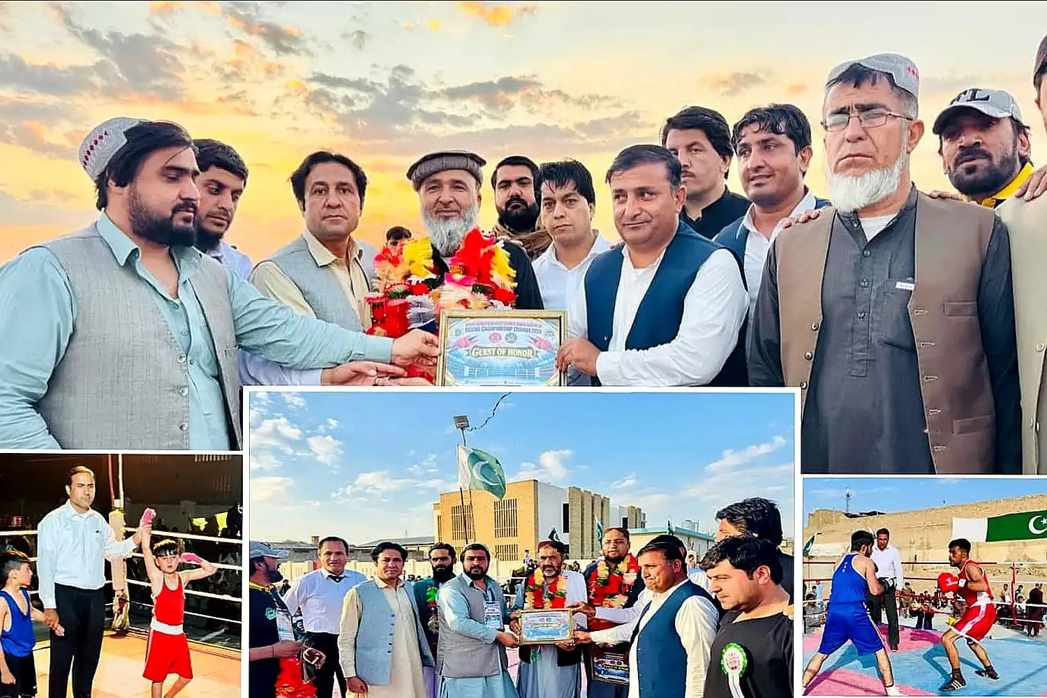 Two boxers compete in the ring during the Kozhak Mehran FC Balochistan North Boxing Championship in Chaman.