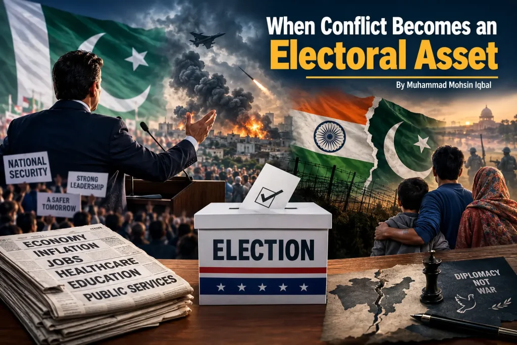 Political campaign imagery contrasted with military silhouettes, illustrating the relationship between conflict, national security and electoral politics.