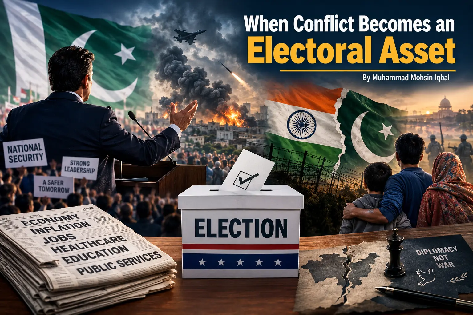 Political campaign imagery contrasted with military silhouettes, illustrating the relationship between conflict, national security and electoral politics.