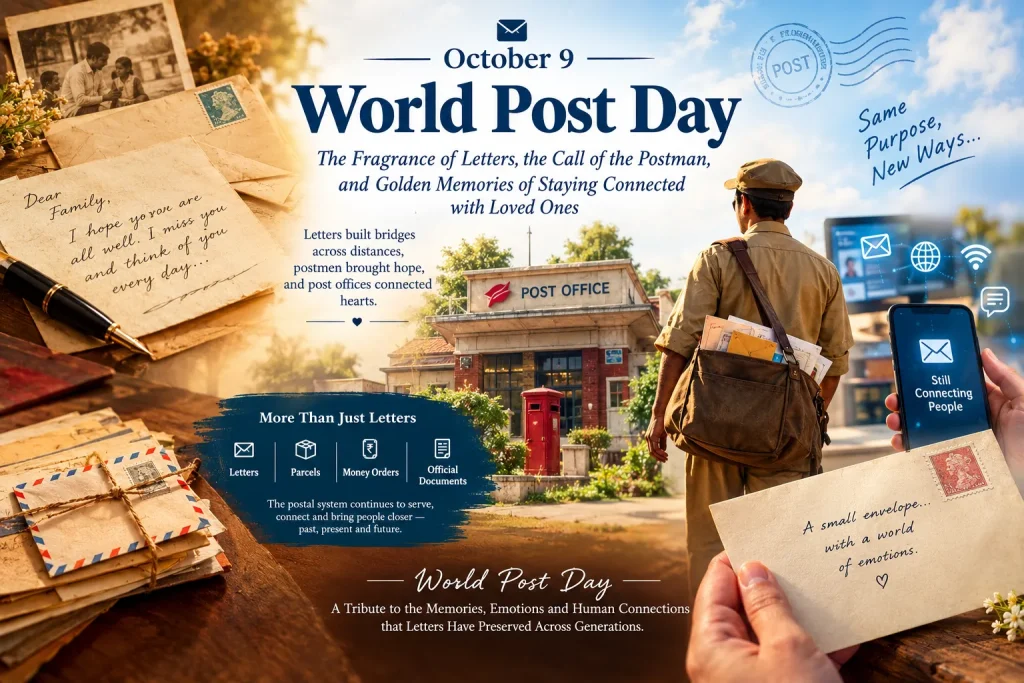 Handwritten letters, postage stamps and a vintage postman's mailbag representing World Post Day on October 9.
