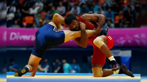 Pakistani wrestler Noman Zaka competing in the men's freestyle 86kg bout at the Asian Games wrestling event in Nagoya