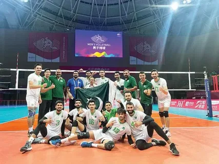 Pakistan men's volleyball team celebrating the bronze medal after beating China 3-0 at the Asian Games in Nagoya