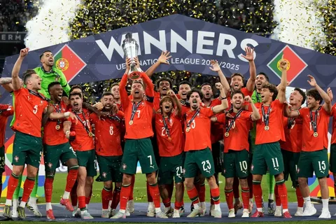 Portugal players celebrate a UEFA Nations League goal during the match against Norway in October 2026